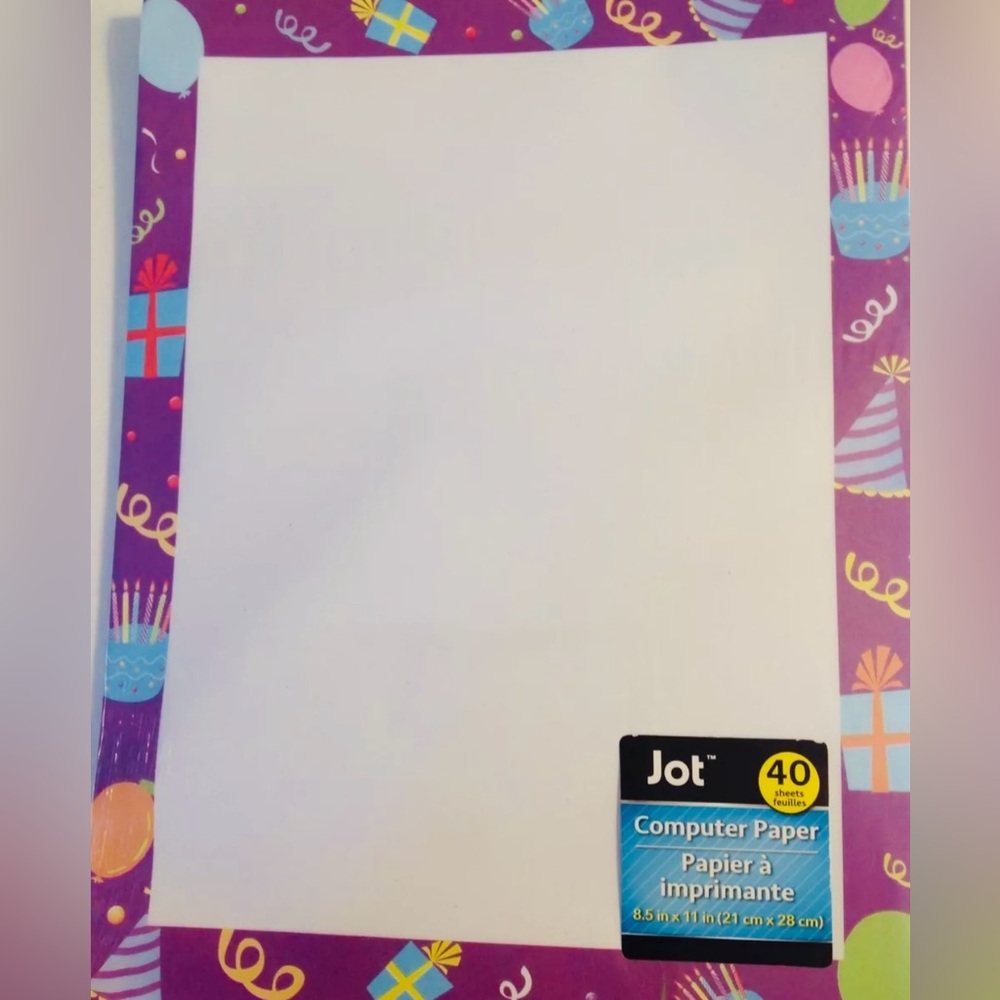 Computer Printer Paper Purple Birthday Party Border 40 Sheets 8.5x11 Stationary